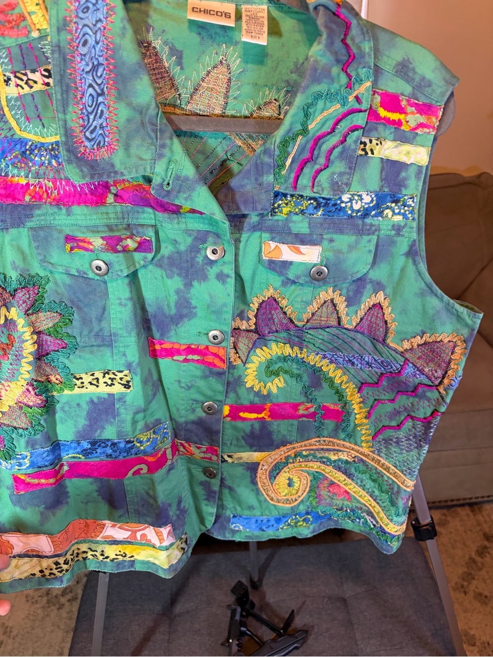 Chico's Teal-Green Embroidered Vest with Multicolor Stitching
